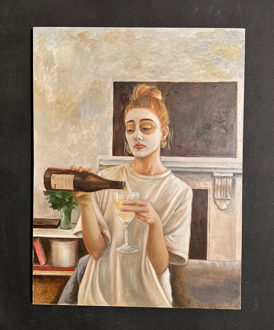 Un quadro che vende l'artista che rappresenta una ragazza mentre si versa del vino