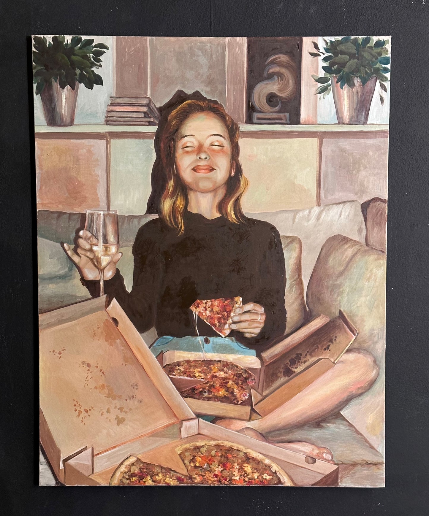 Un quadro che vende l'artista che rappresenta una ragazza mentre mangia la pizza