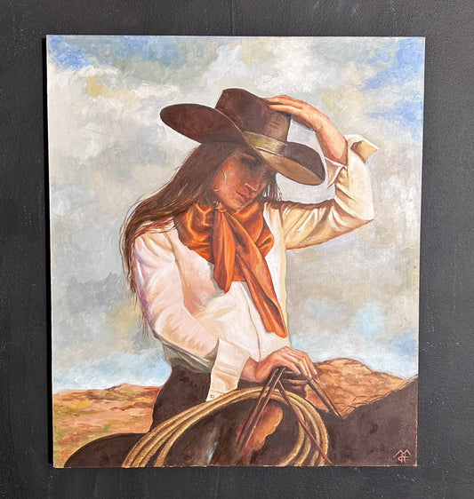 Un quadro che vende l'artista che rappresenta una ragazza su un cavallo