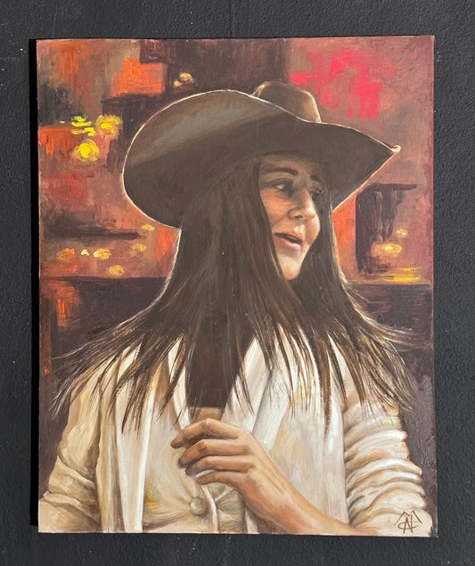 Un quadro che vende l'artista che rappresenta una ragazza con un cappello da cowboy