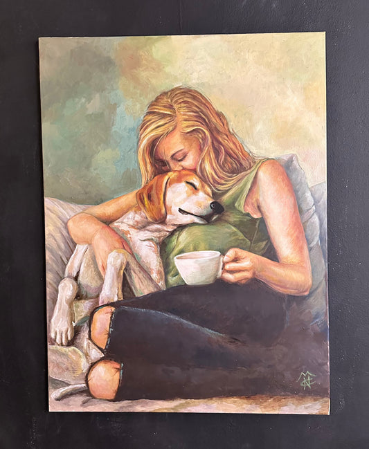 Un quadro che vende l'artista che rappresenta una ragazza con il cane